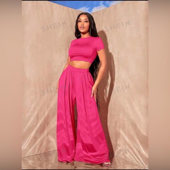 SHEIN Pants - SHEIN SXY Solid Crop Top & Wide Leg Pants